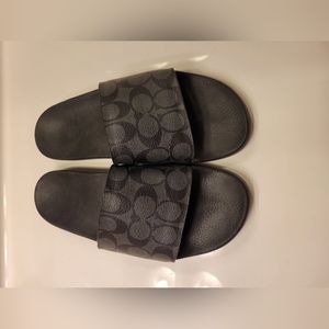 Like New Mens 10, Coach Charcoal/Black Signature Coated Canvas Slides